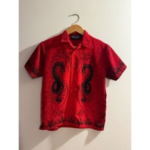 Silver Point Y2k Mens Red Black Dragon Graphic Shirt Loop Collar Short Sleeve S